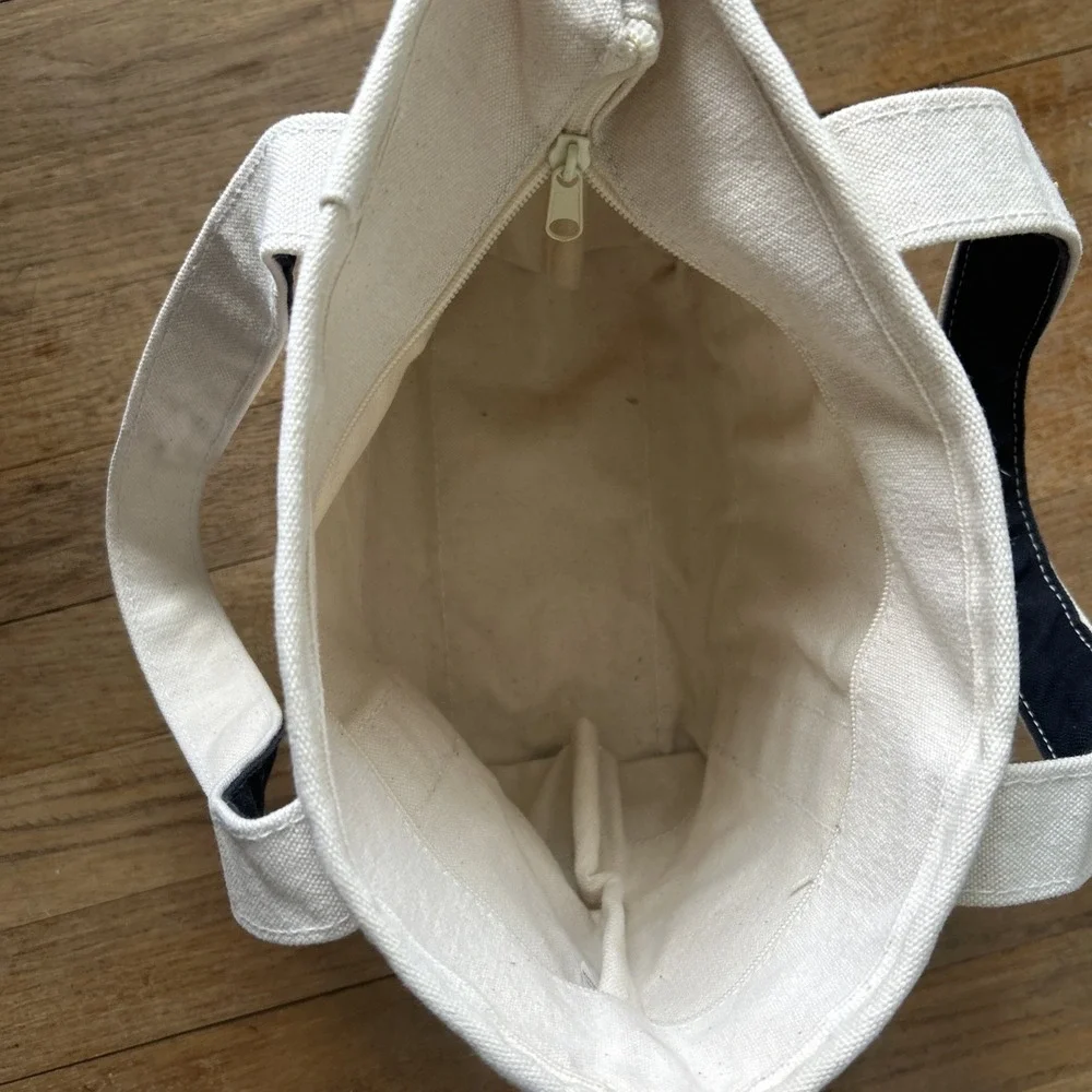 GH Bass Canvas Tote Bag Navy Blue Cream Zipper Top Boat Bag Small Med Mens Wmns